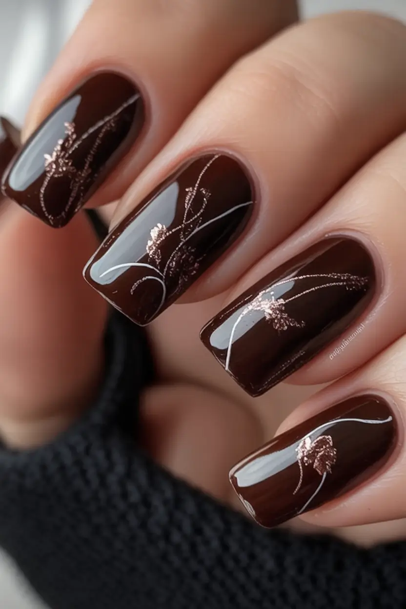 fall nails art ideas 2025 Chocolate Glaze with Rose Gold Details