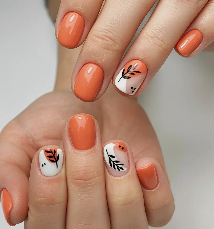 fall nails art ideas 2025 Soft Autumn Leaves on Pumpkin Orange