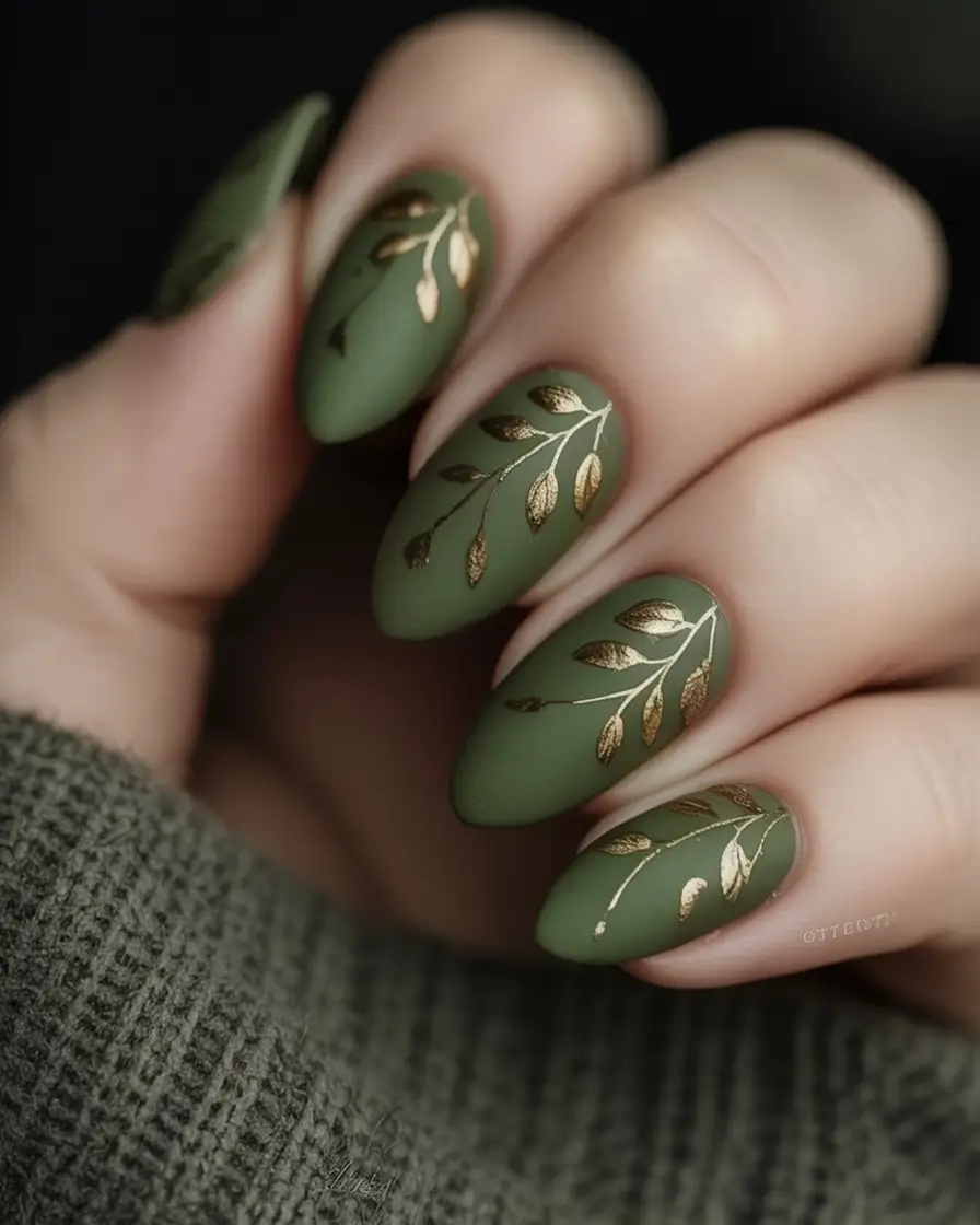 fall nails art ideas 2025 Matte Moss and Gold Botanical Art