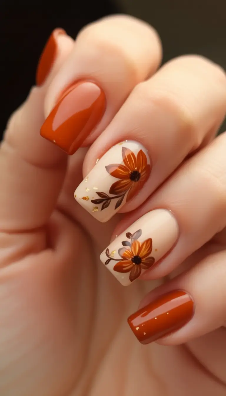 fall nails art ideas 2025 Sunlit Florals with Copper Petals