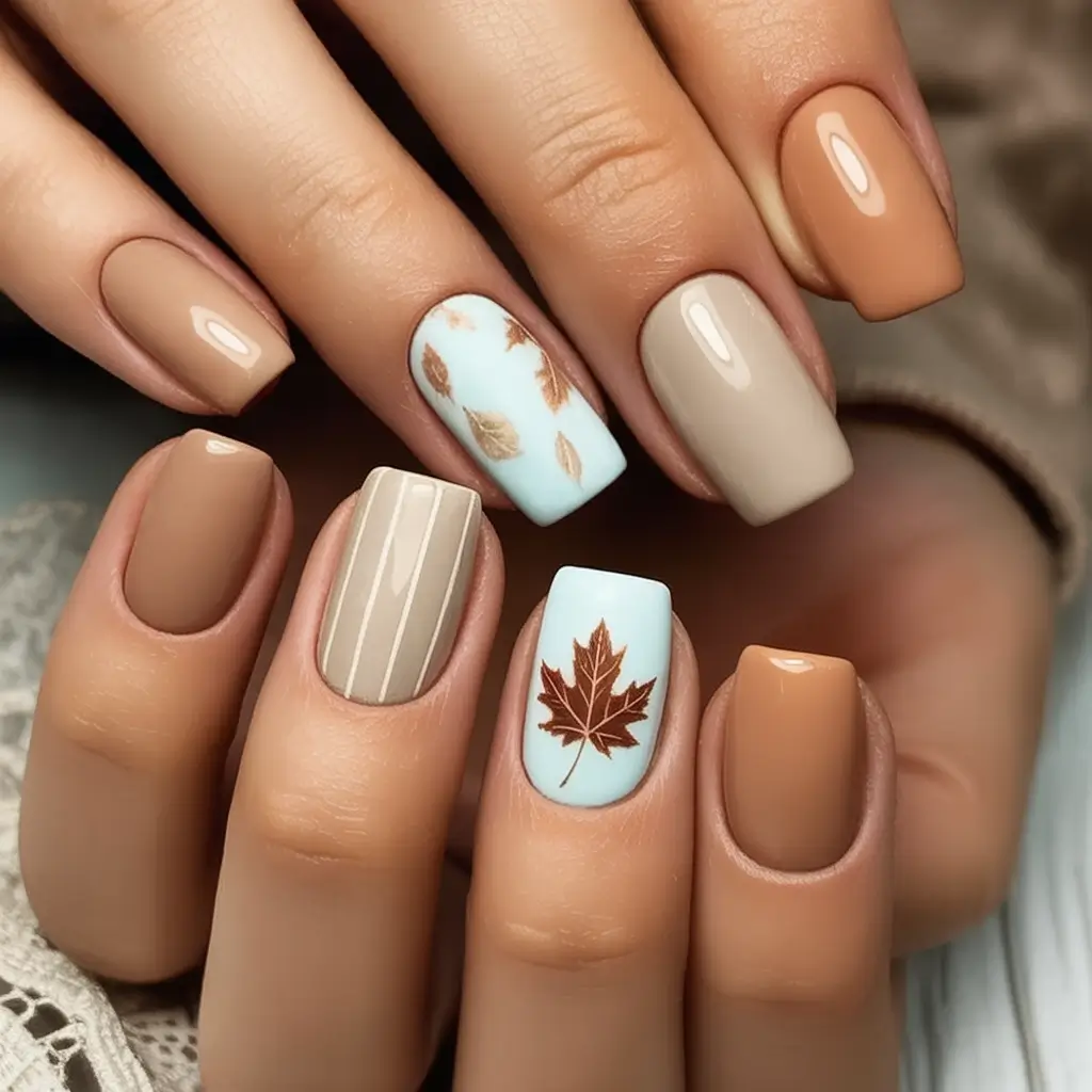 fall nails art ideas 2025 Muted Maple Leaves and Neutral Tones
