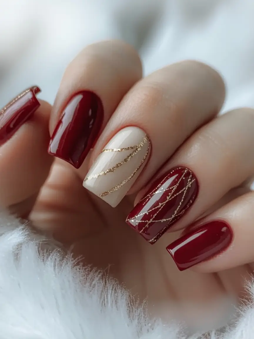 fall nails art ideas 2025 Wine and Gold Ribbon Elegance