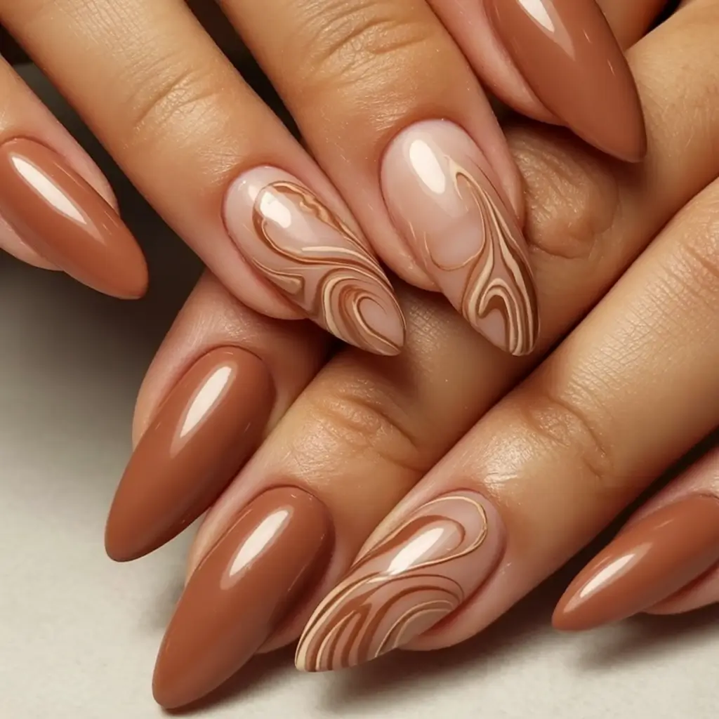 fall nails art ideas 2025 Caramel Latte Marble Swirls