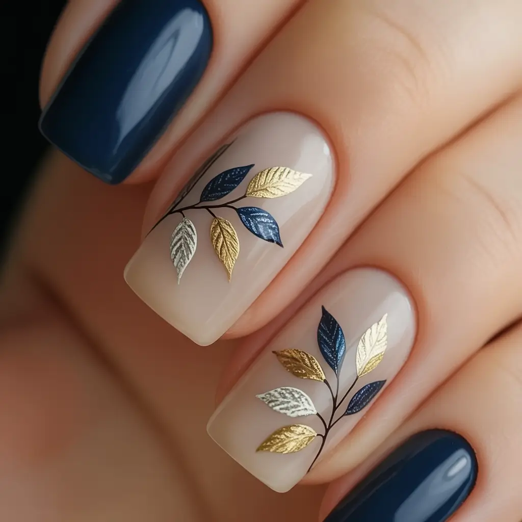 fall nails art ideas 2025 Navy and Gold Botanical Touch