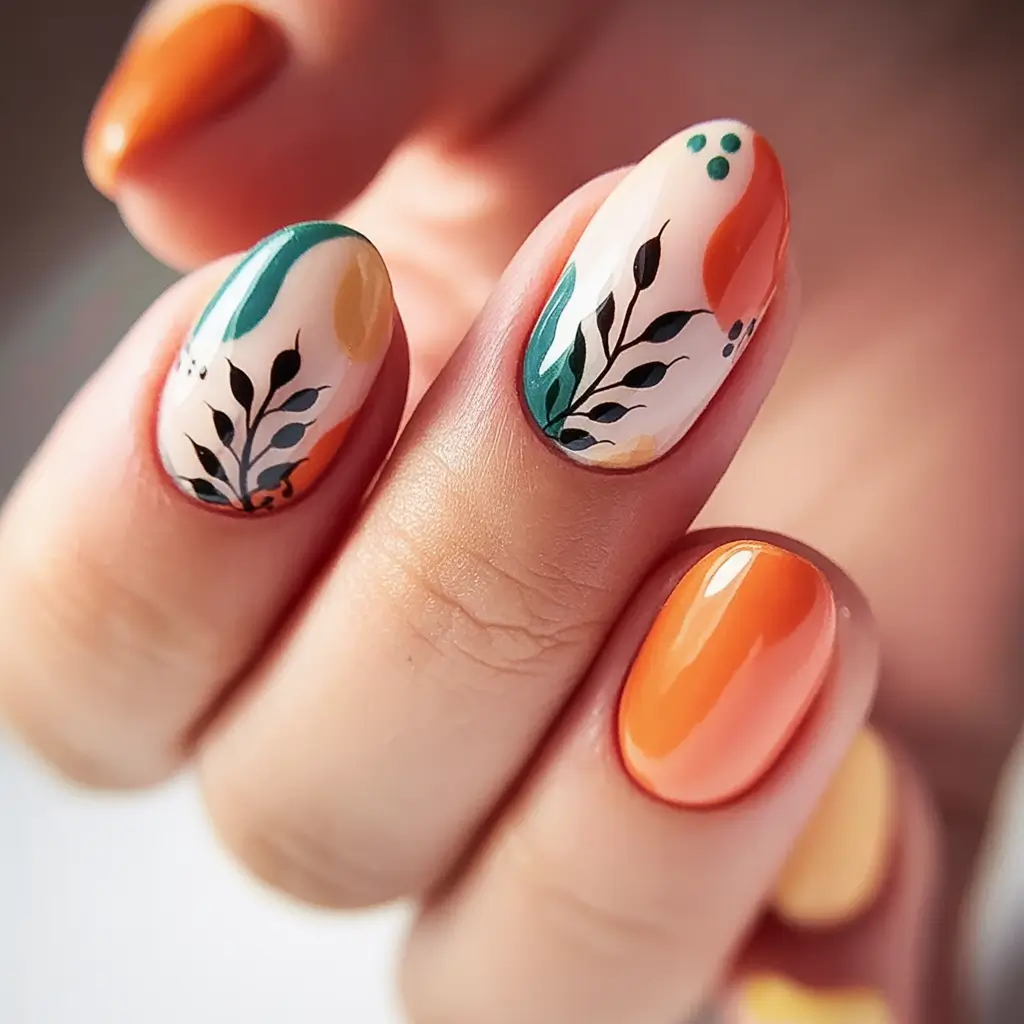 fall nails art ideas 2025 Playful Leaves with Bold Autumn Color