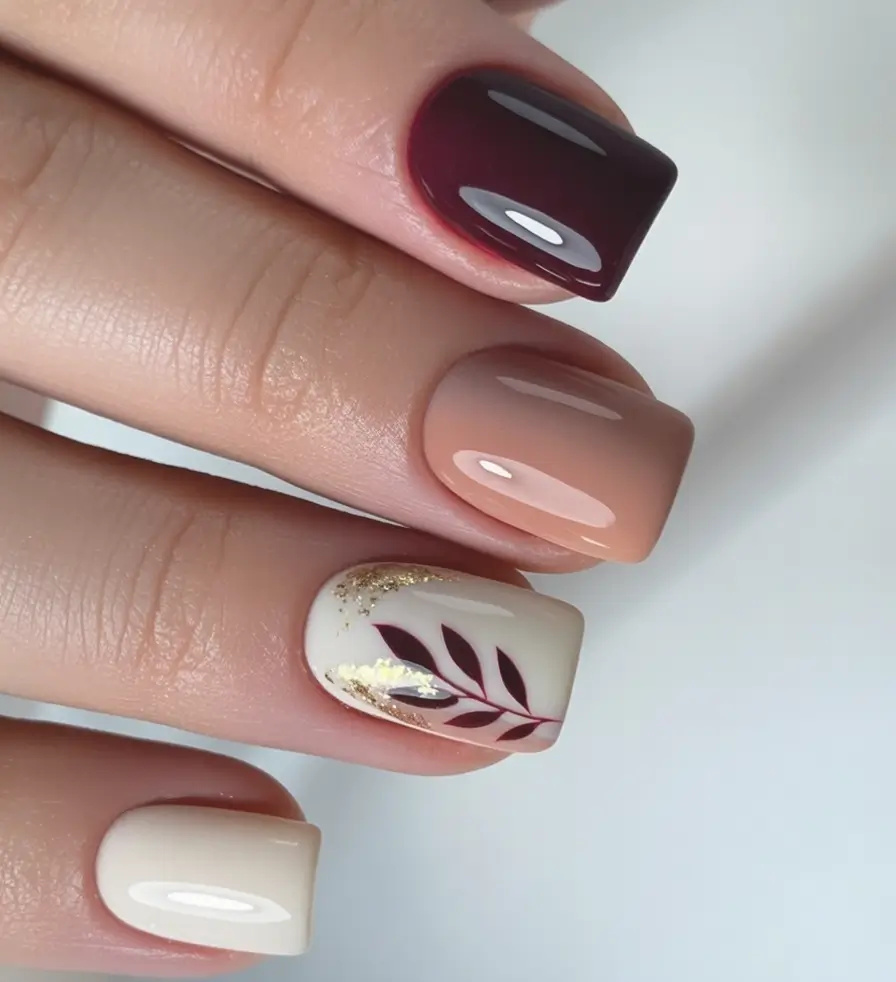 fall nails art ideas 2025 Ombre Mauve and Gold Leaf Accent