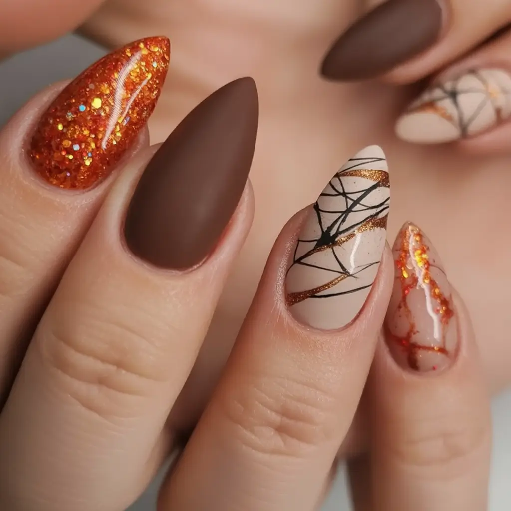 fall nails art ideas 2025 Autumn Spice with Texture and Glitter