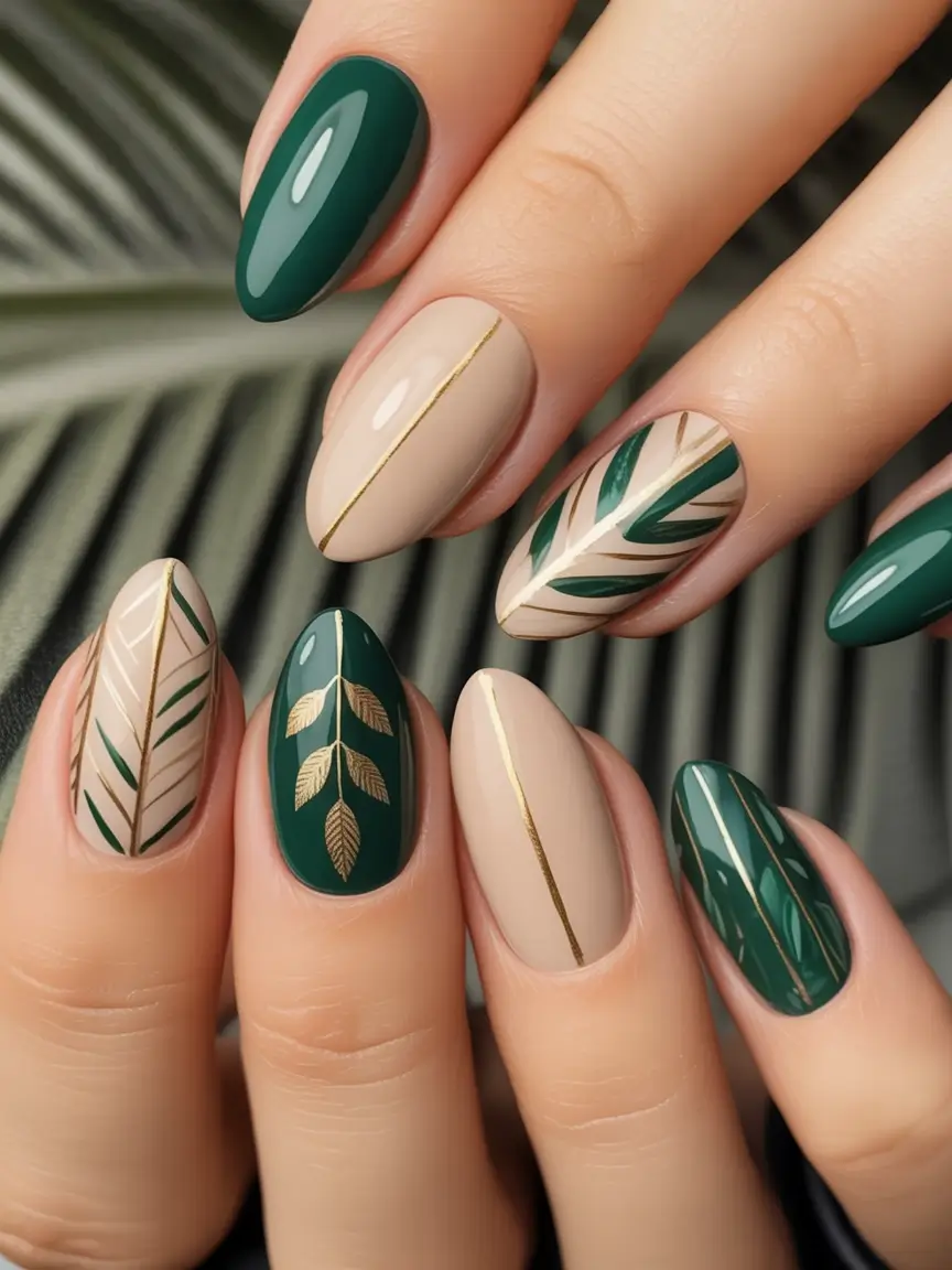 fall nails art ideas 2025 Deep Forest Greens and Minimalist Leaves