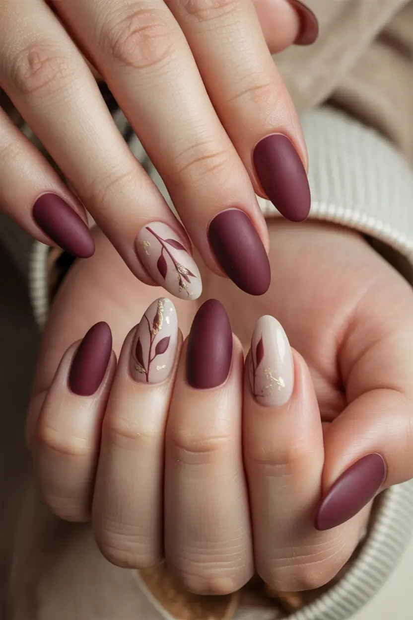 fall nails art ideas 2025 Velvety Burgundy with Autumnal Branches