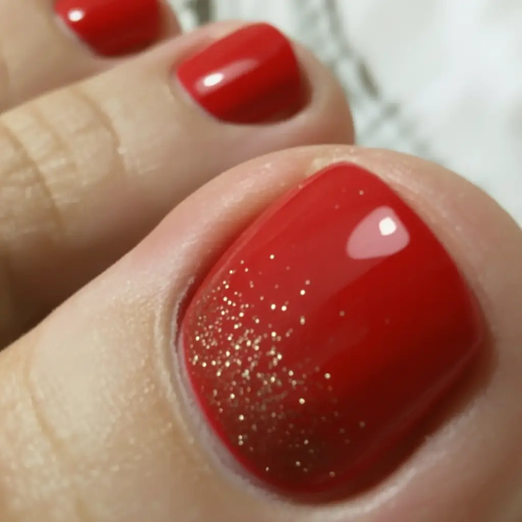 Fall Toe Nail Colors 2025 Ideas Red Gloss with Gold Dusting