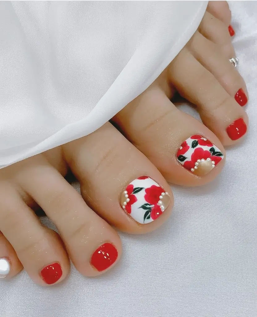Fall Toe Nail Colors 2025 Ideas Classic Red & Floral Pearls