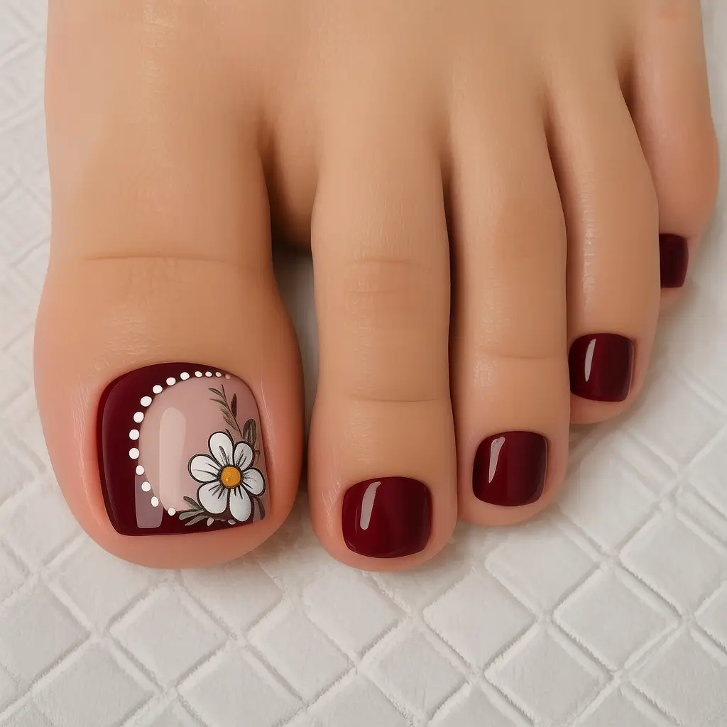 Fall Toe Nail Colors 2025 Ideas Wine and Daisy Detail