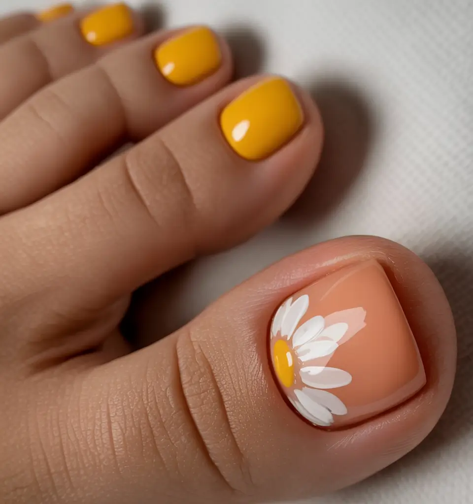 Fall Toe Nail Colors 2025 Ideas Golden Daisy Burst with a Warm Sunset Base