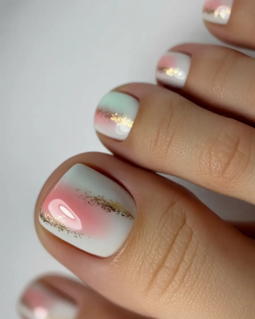 Fall Toe Nail Colors 2025 Ideas Soft Ombre with Gold Leaf Glitter