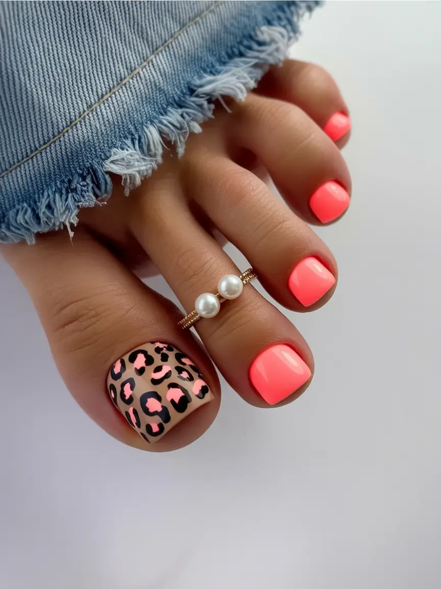 Fall Toe Nail Colors 2025 Ideas Neon Coral Meets Leopard Print