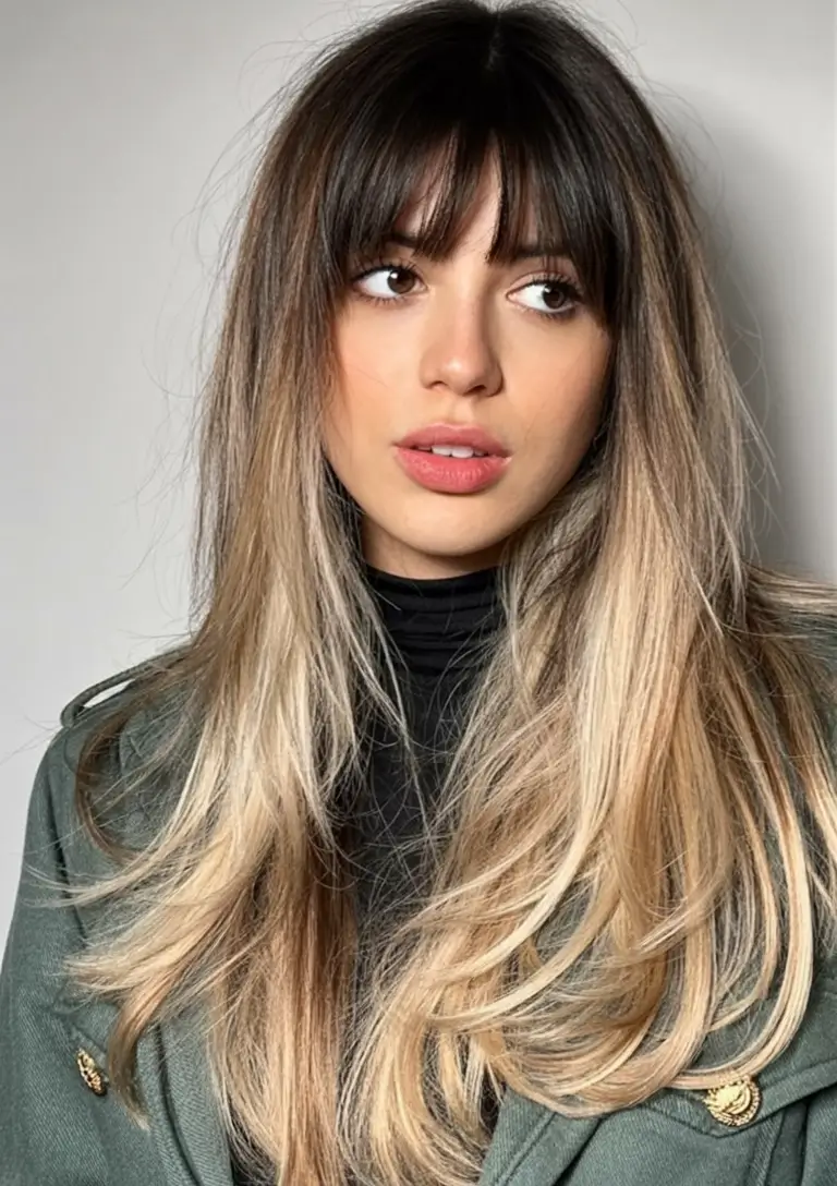 Haircut Inspiration for Fall 2025 Blended Balayage with Full Blunt Fringe