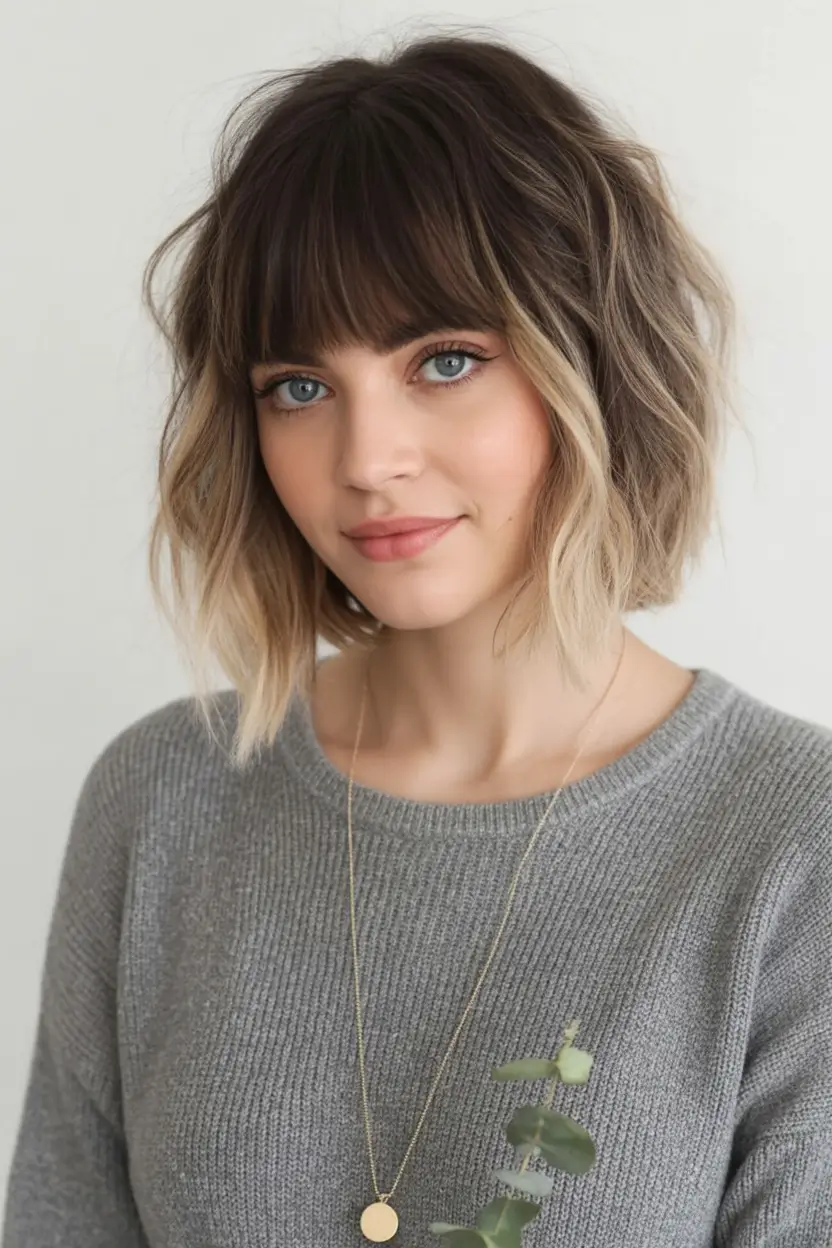 Haircut Inspiration for Fall 2025 Wavy Bob with Blunt Bangs