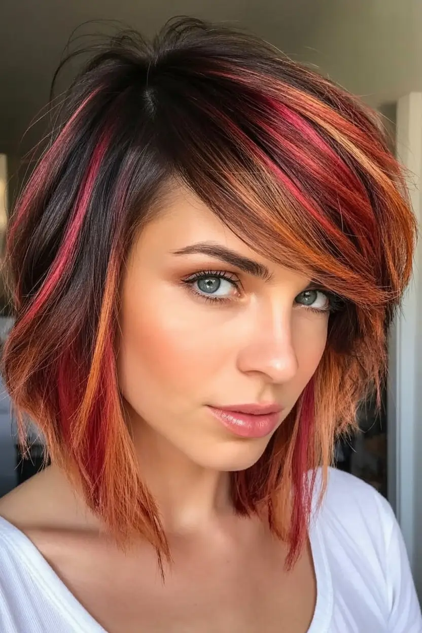 Haircut Inspiration for Fall 2025 Fiery Bob with Auburn and Magenta Streaks