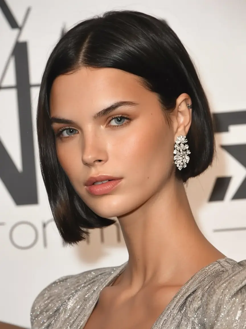 Haircut Inspiration for Fall 2025 Sharp Jaw-Length Bob with Midnight Gloss