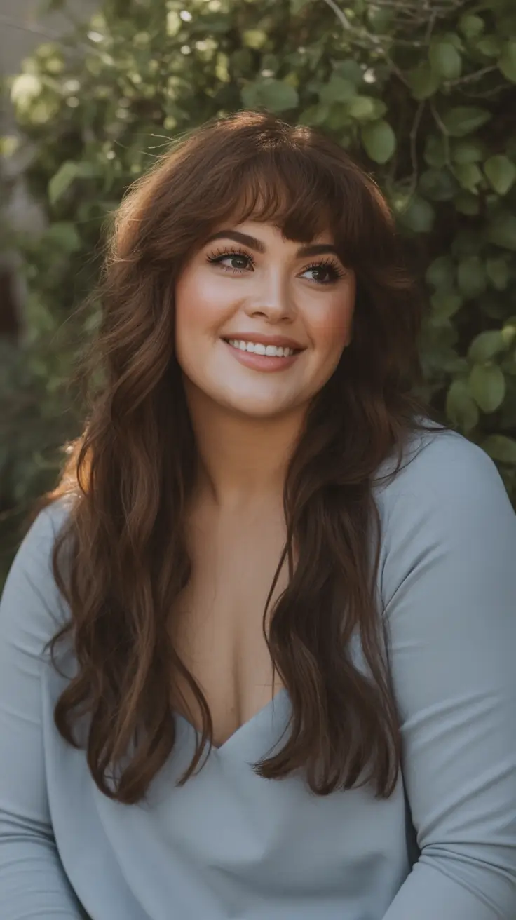 Haircuts for Chubby Face Shapes — Fall 2025 Long Romantic Waves with Curtain Bangs