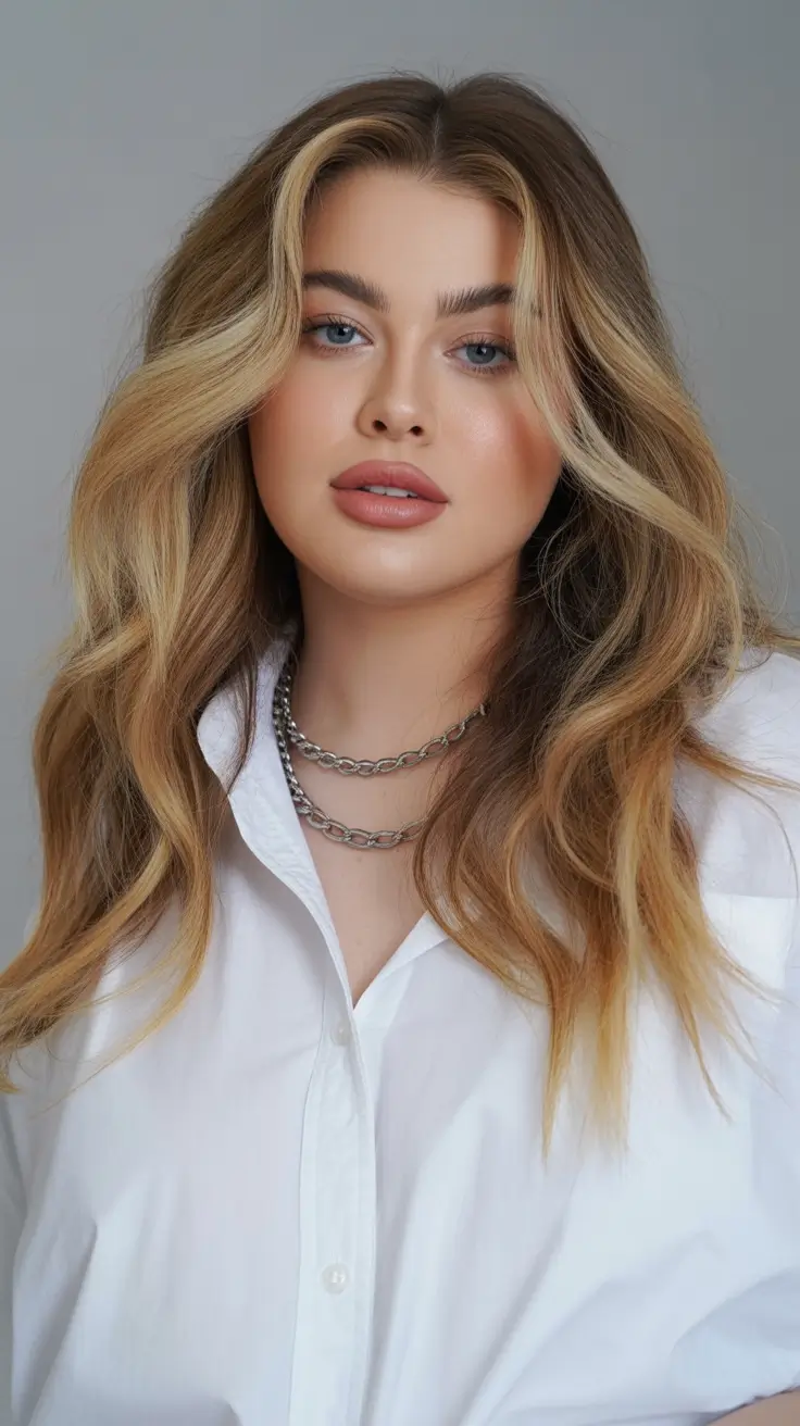 Haircuts for Chubby Face Shapes — Fall 2025 Blended Waves with Money Piece Highlights