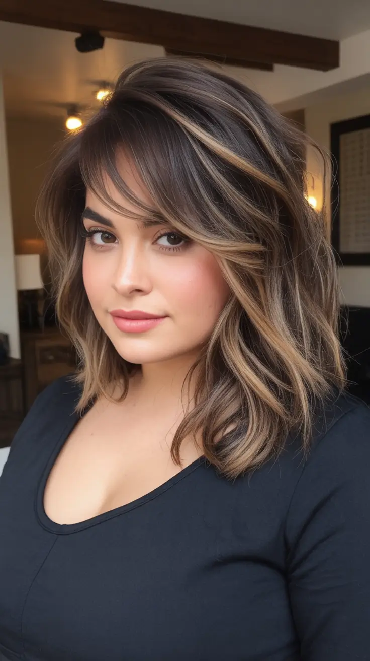 Haircuts for Chubby Face Shapes — Fall 2025 Rooted Balayage Shag with Swoopy Bangs