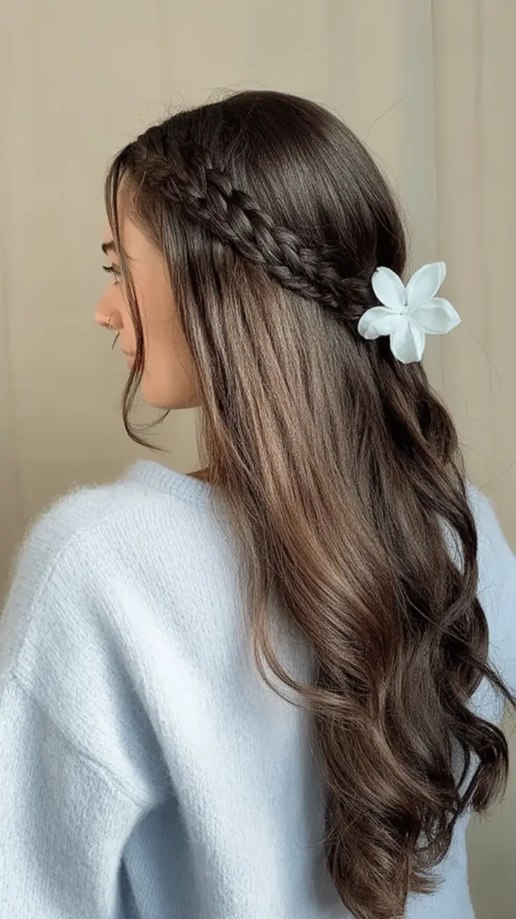 Long Fall Hairstyles to Love in 2025 Romantic Braid Crown with Floral Accent