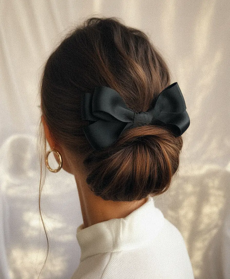Long Fall Hairstyles to Love in 2025 Elegant Low Bun with Statement Bow