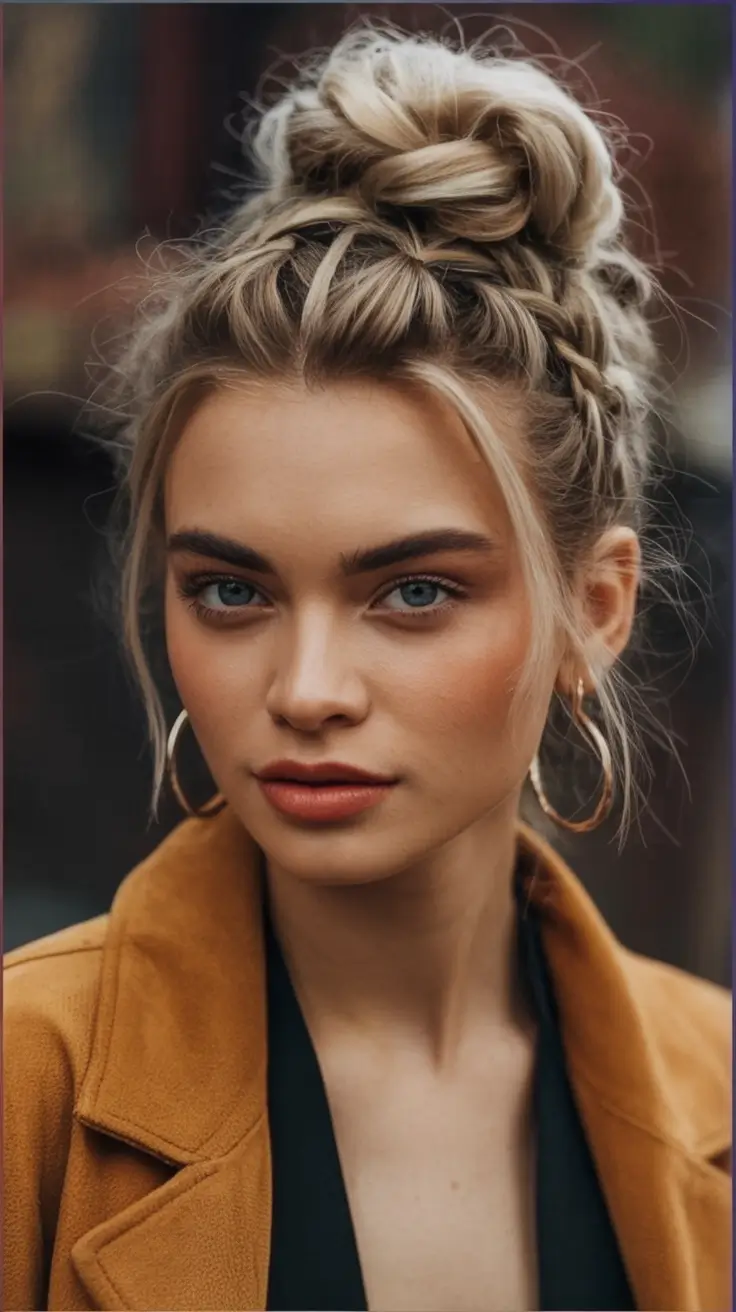 Long Fall Hairstyles to Love in 2025 Braided Top Knot with Autumn Energy