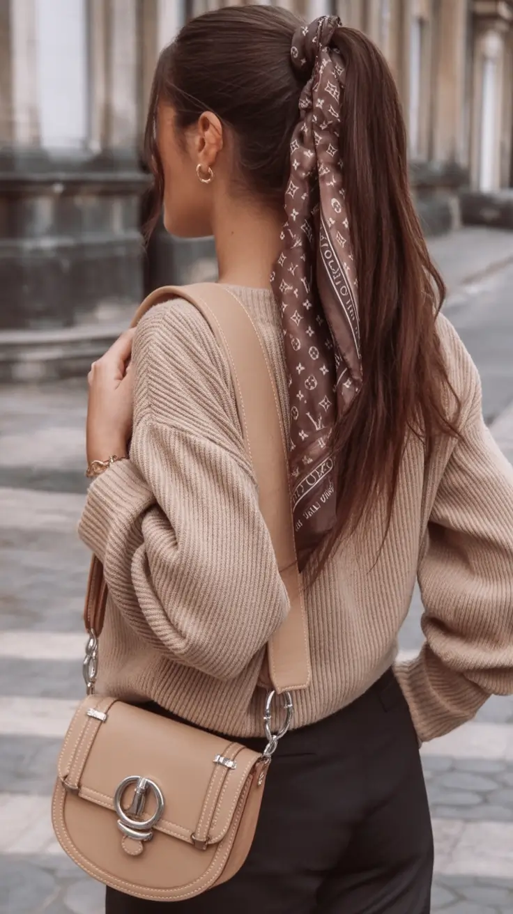 Long Fall Hairstyles to Love in 2025 High Ponytail with Silk Scarf