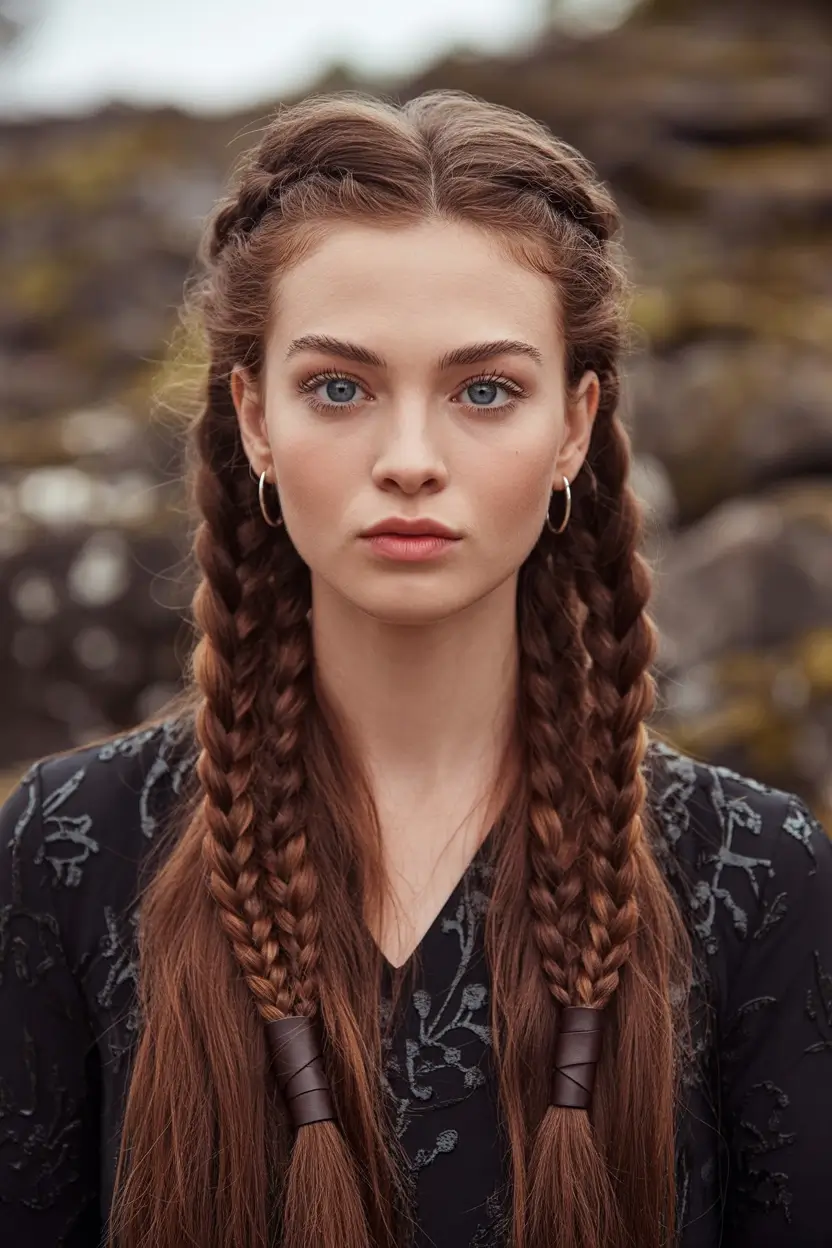 Long Fall Hairstyles to Love in 2025 Double Braided Crown with Leather Wraps