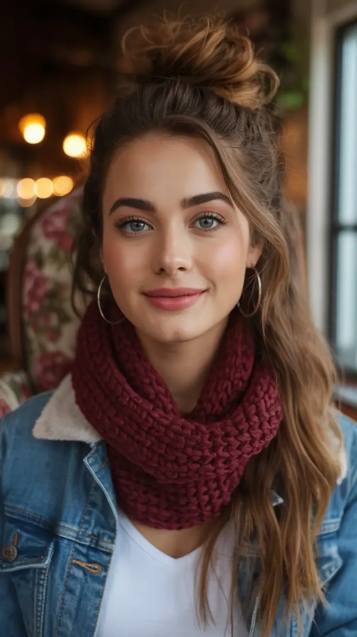 Long Fall Hairstyles to Love in 2025 Cozy Top Knot with Long Loose Waves
