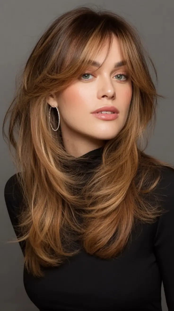 Medium-Length hairstyle for Fall 2025 Soft Curtain Layers with Face-Framing Movement