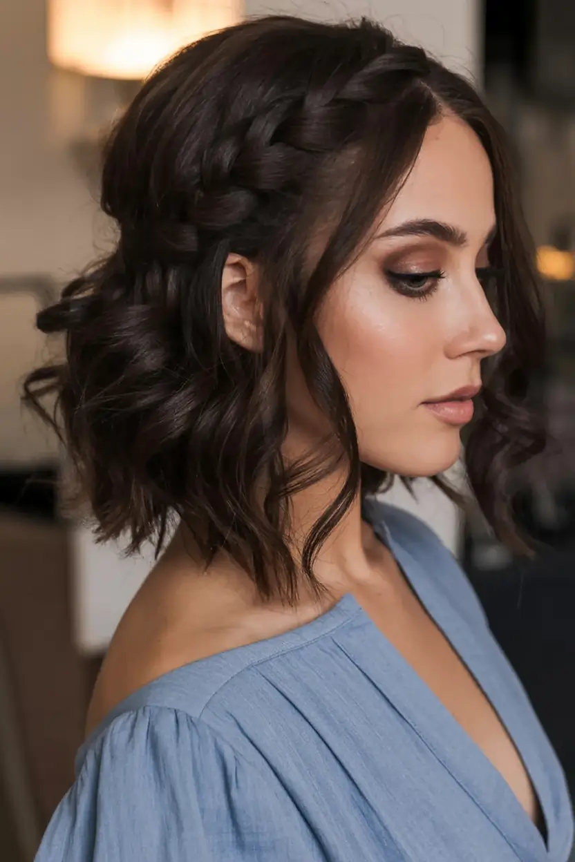 Medium-Length hairstyle for Fall 2025 Wavy Bob with Crown Braid Accent