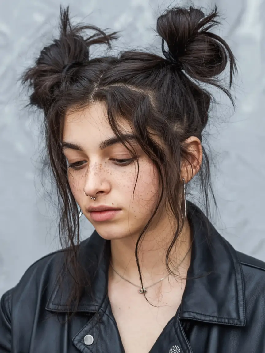 Medium-Length hairstyle for Fall 2025 Grunge Double Buns with Soft Fringe