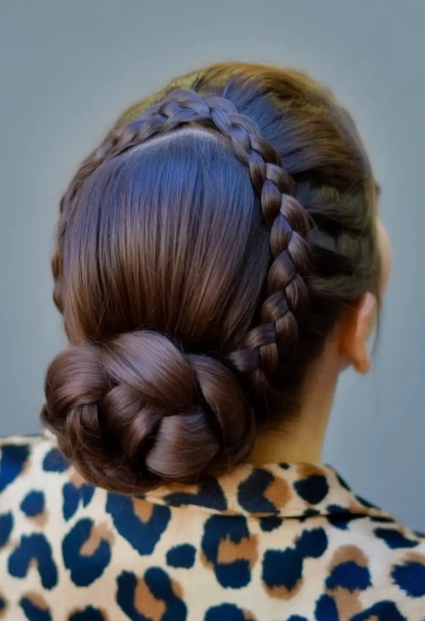 Medium-Length hairstyle for Fall 2025 Textured Low Bun with Braided Halo