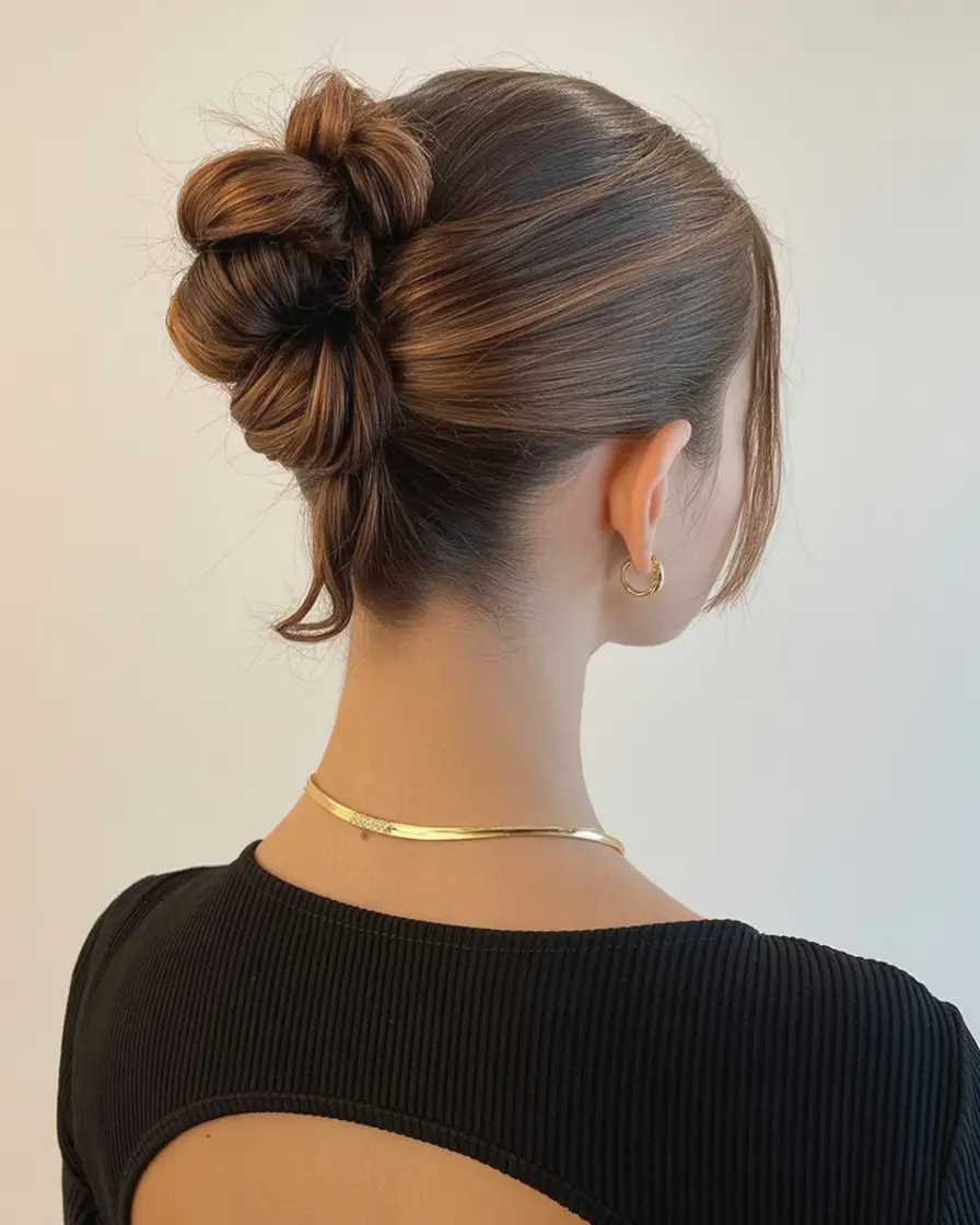 Medium-Length hairstyle for Fall 2025 Elegant Double Bun Twist with Warm Highlights
