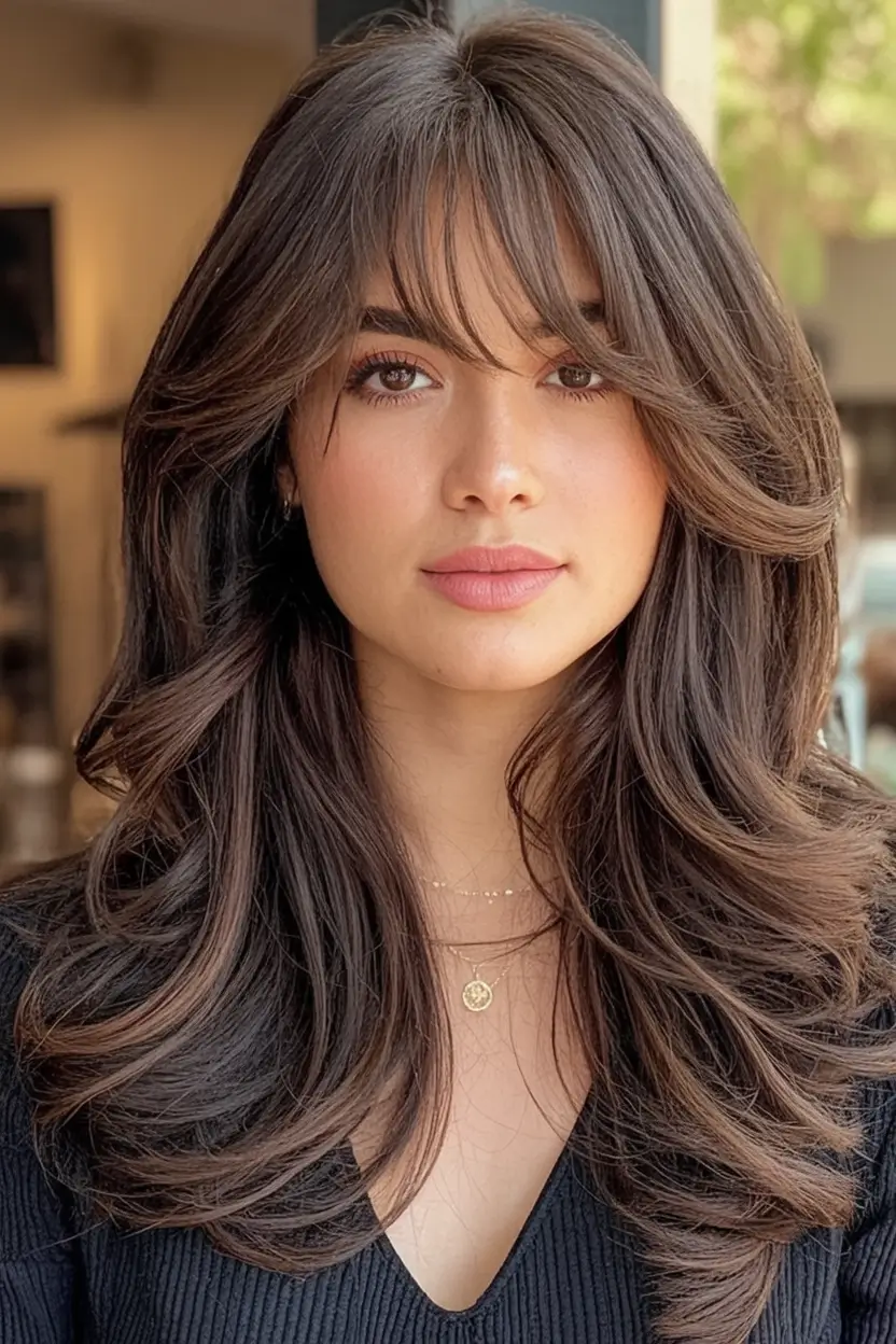 Medium-Length hairstyle for Fall 2025 Feathered Layers with Curtain Bangs