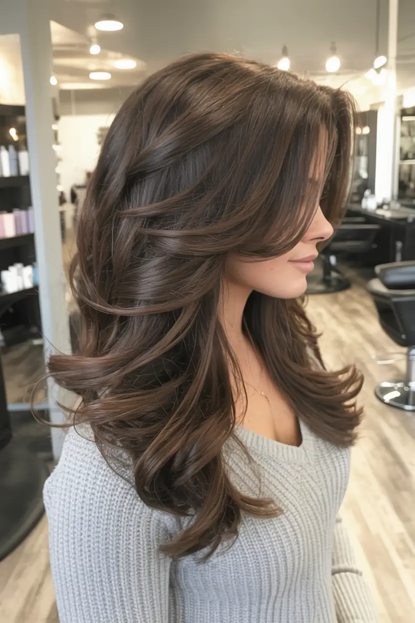 Medium-Length hairstyle for Fall 2025 Glossy C-Shaped Layers for Brunette Depth