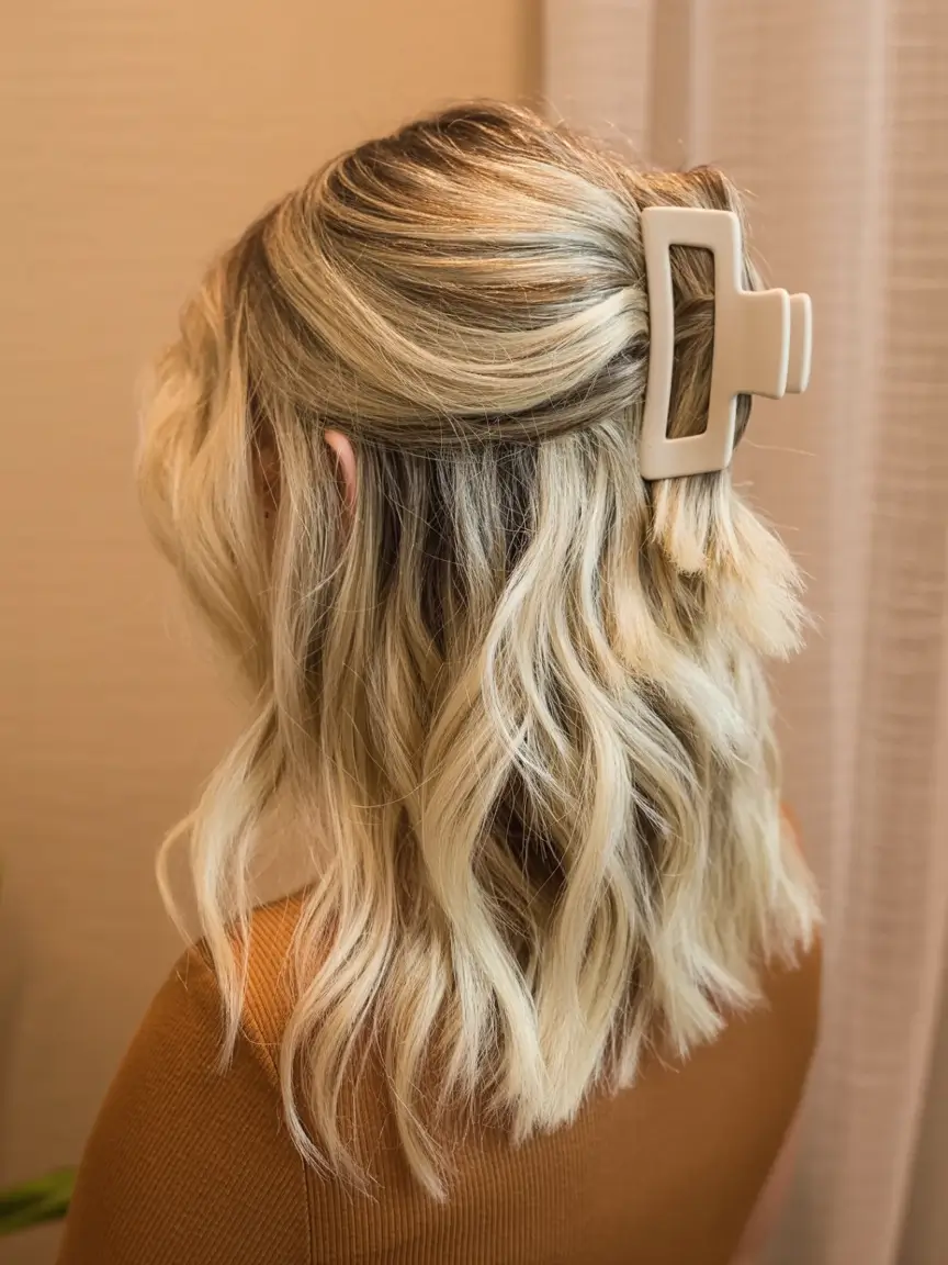 Medium-Length hairstyle for Fall 2025 Blonde Waves with Chunky Clip Half-Up