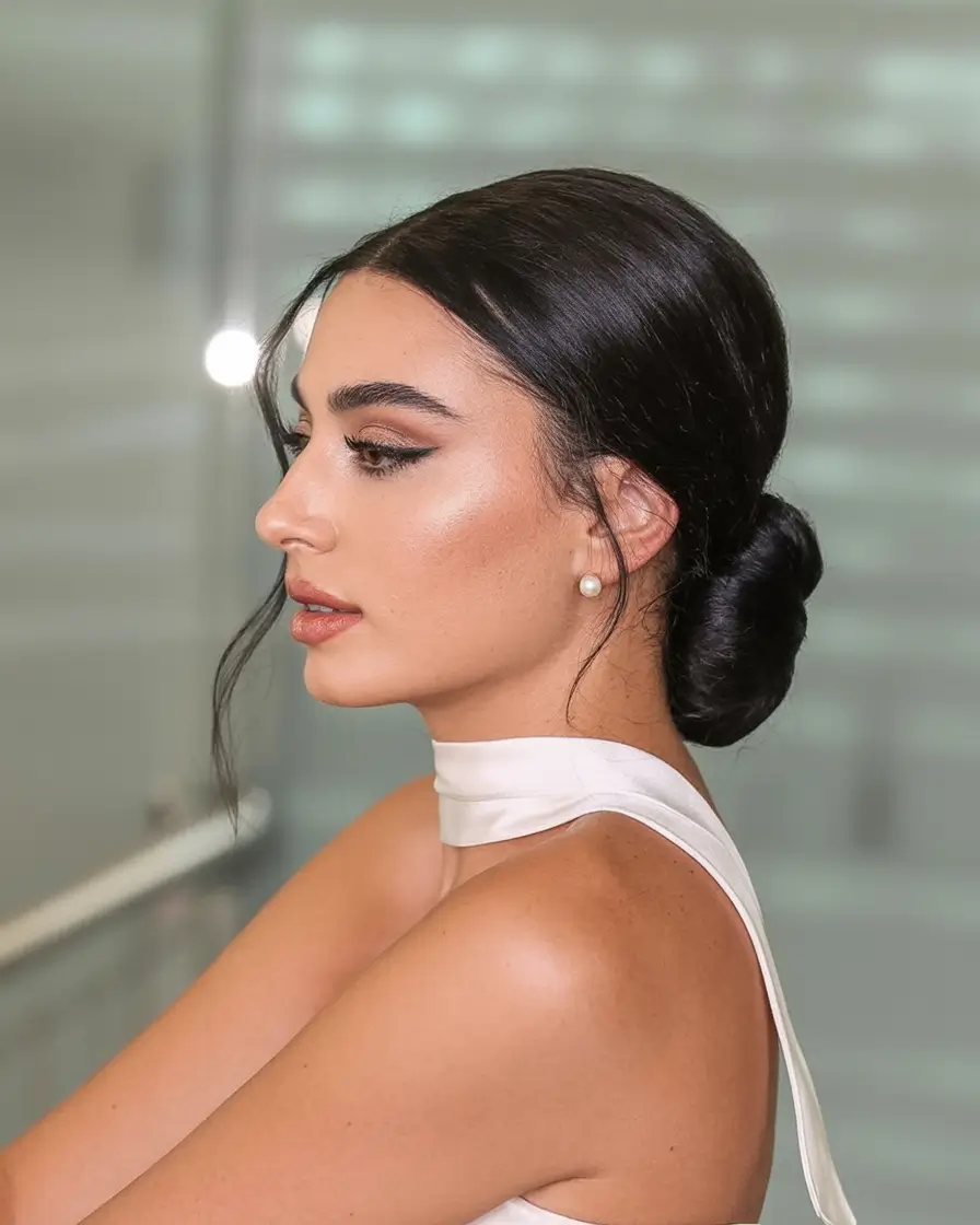 Medium-Length hairstyle for Fall 2025 Classic Sleek Chignon with Center Part