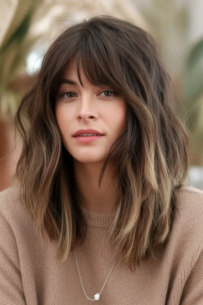 Medium-Length hairstyle for Fall 2025 Messy Texture Bob with Long Fringe