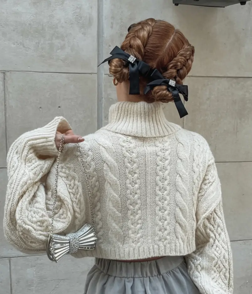 Medium-Length hairstyle for Fall 2025 Cozy Braided Loops with Velvet Bows