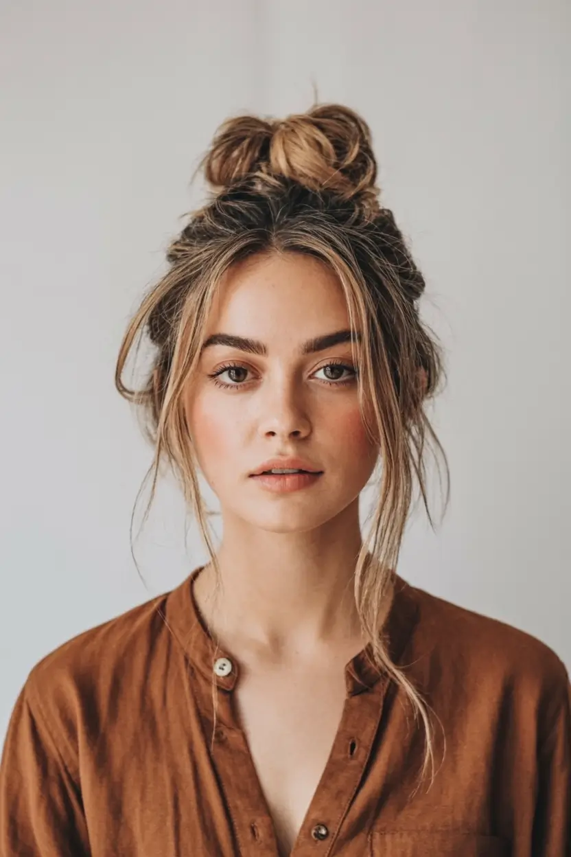 Medium-Length hairstyle for Fall 2025 Messy Top Knot with Fall-Ready Texture