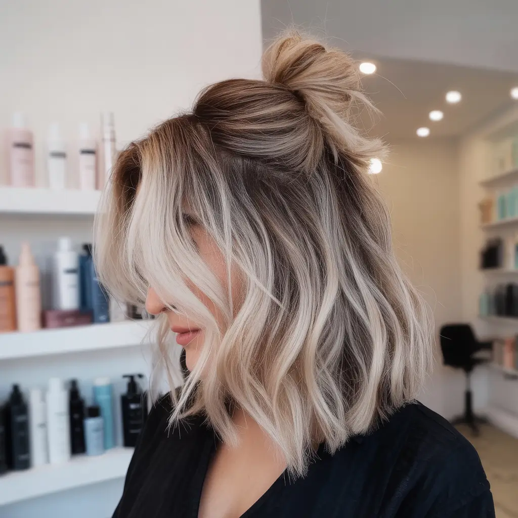 Medium-Length hairstyle for Fall 2025 Textured Blonde Half-Up Bun with Curtain Fringe