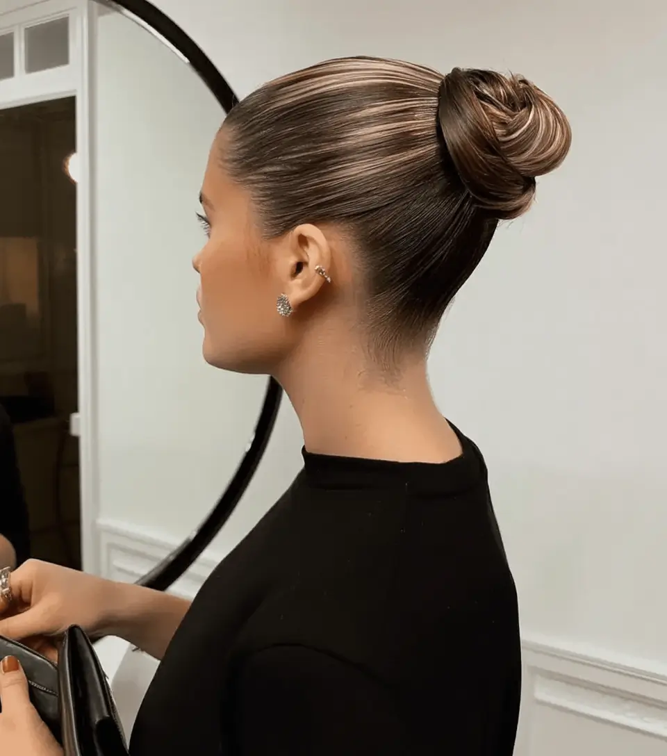 Medium-Length hairstyle for Fall 2025 Slicked-Back Chignon with Glossy Finish
