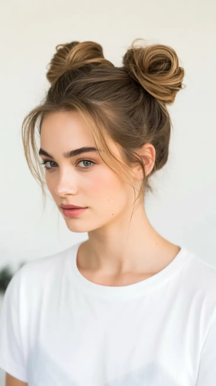 Medium-Length hairstyle for Fall 2025 Double Bun Playful Twist