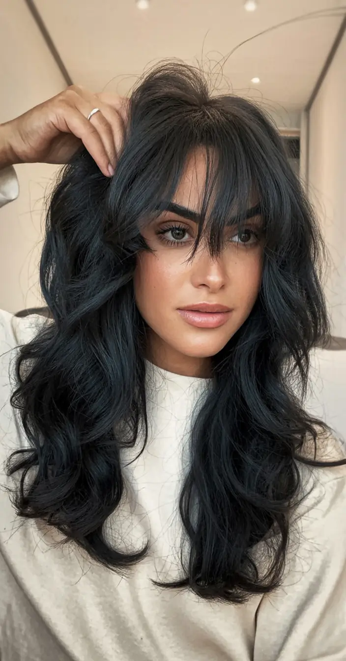 Medium-Length hairstyle for Fall 2025 Layered Volume with Wispy Bangs