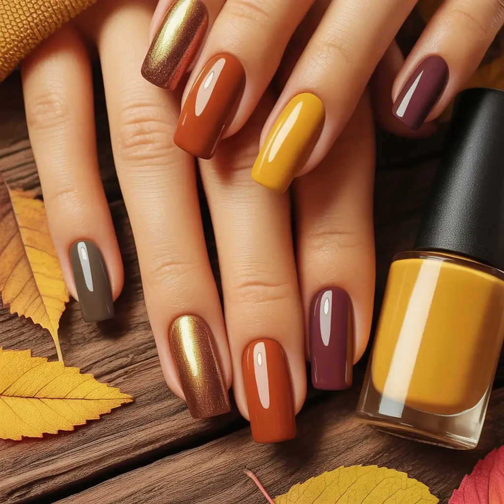 minimalist fall nails 2025 Warm Neutrals with Metallic Pop