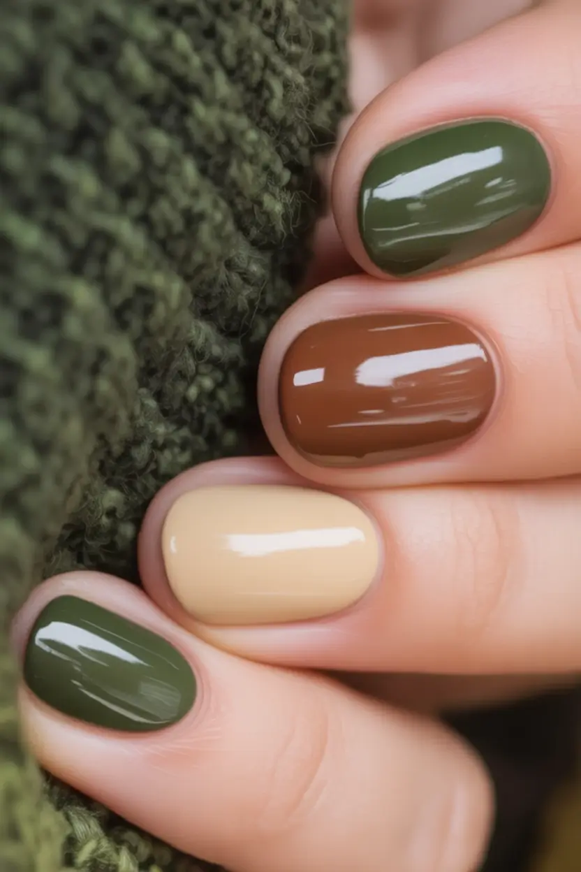 minimalist fall nails 2025 Earth-Toned Olive and Caramel Gloss